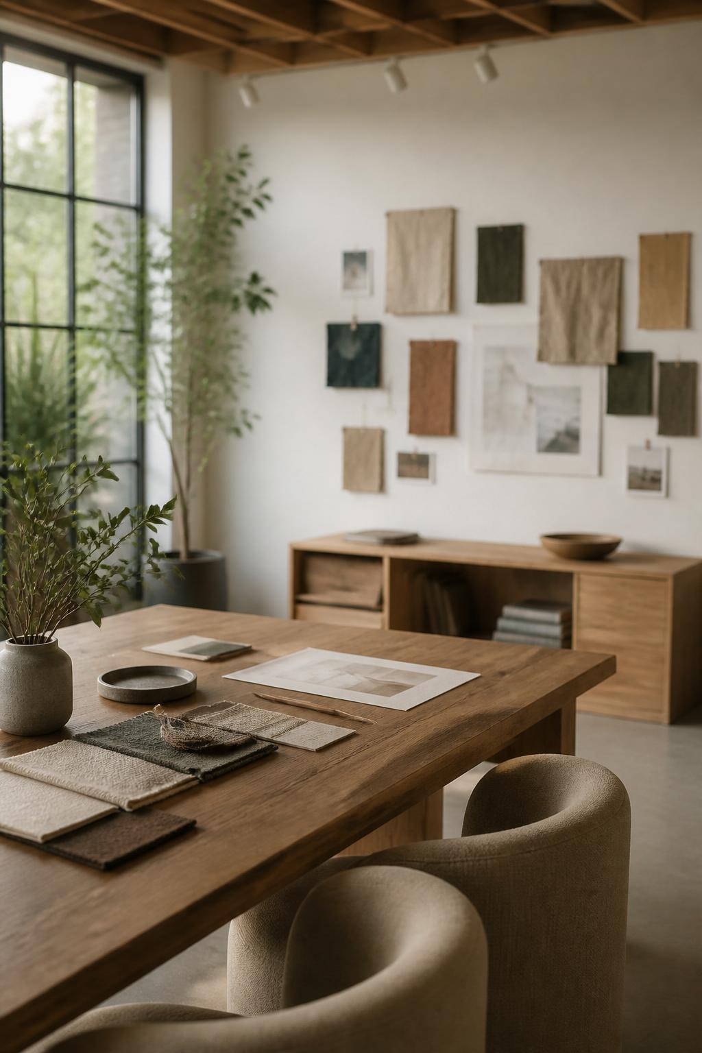 Warm creative studio space with wood accents and natural light.