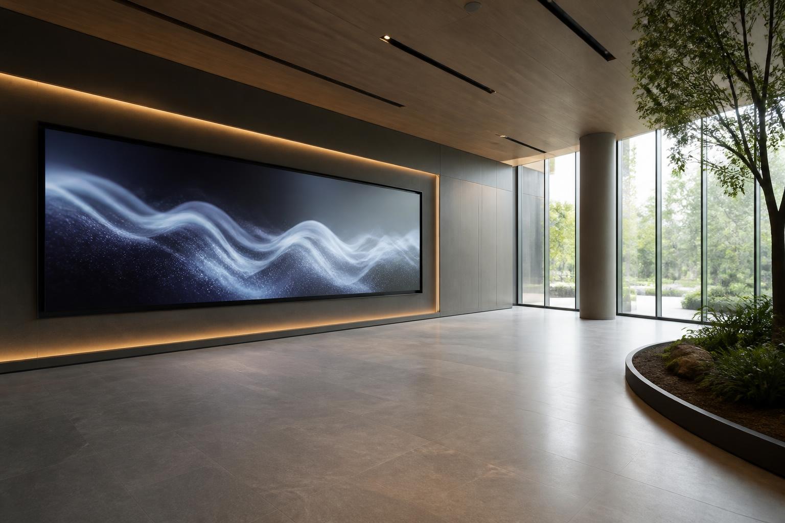 Wide modern visitor space with a sleek illuminated display wall.
